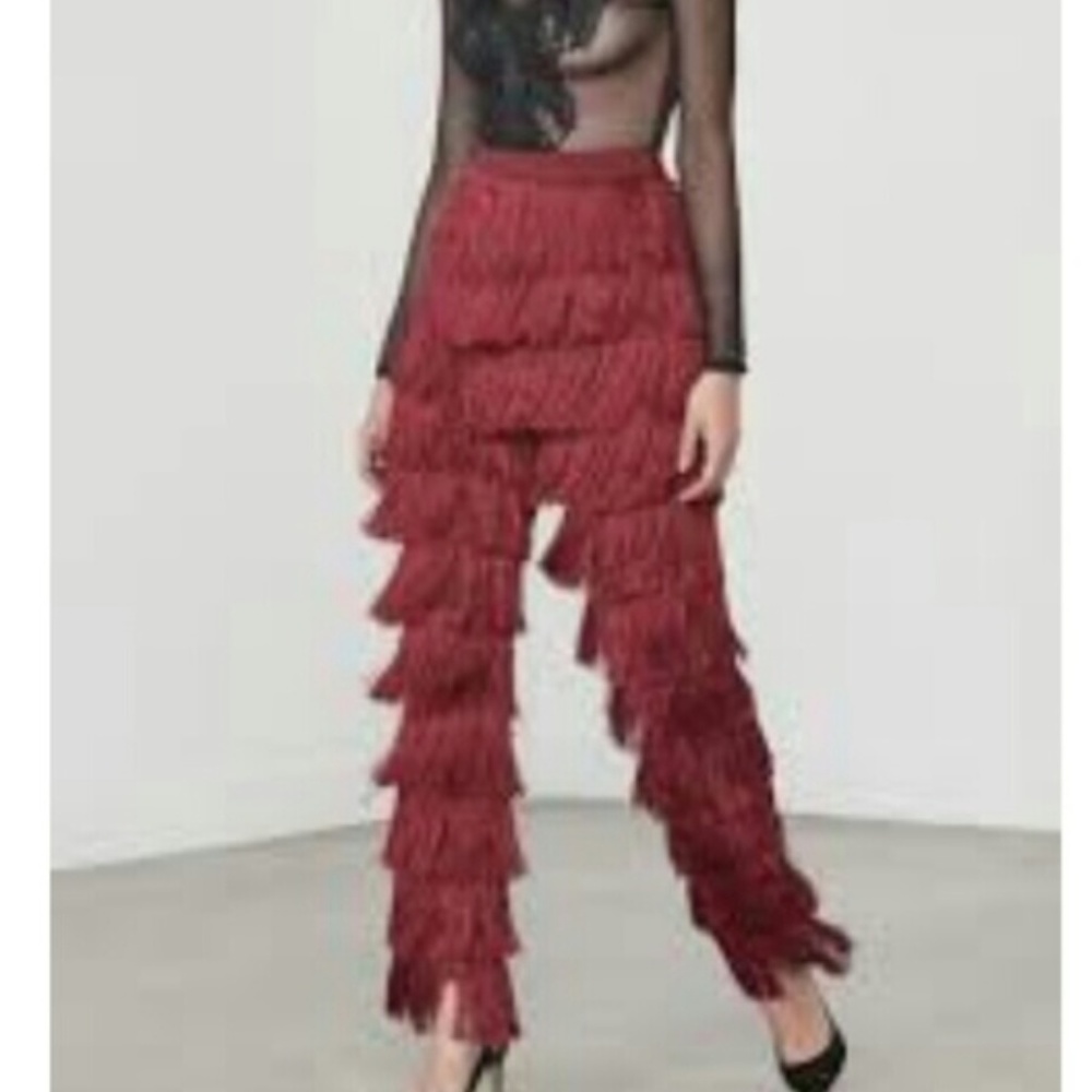 Lavish Alice Maroon Fringe Tapered Leg Pants NWT
